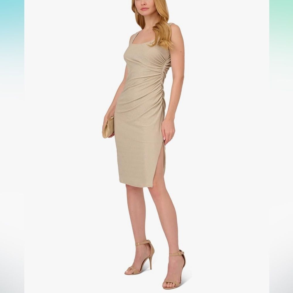 Adrianna Papell Metallic Midi Dress Size 14 NWT $169 Champagne Formal Cocktail